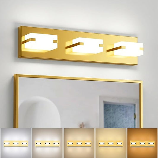 LED Bathroom Light Fixtures, 3-Light Modern Vanity Lights with Milky White Frosted Acrylic Shades, Gold Bathroom Lighting Fixtures Over Mirror, ETL Listed, 20W 5CCT Adjustable