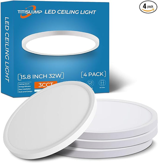15.8 Inch Large Dimmable LED Flush Mount Ceiling Light 4 Pack, 32W 3200LM Low Profile Ceiling Light with 3 CCT (3000K/4000K/5000K), 5%-100% Dimming, Ultra-Thin 0.8", for Bedroom, Kitchen & Office