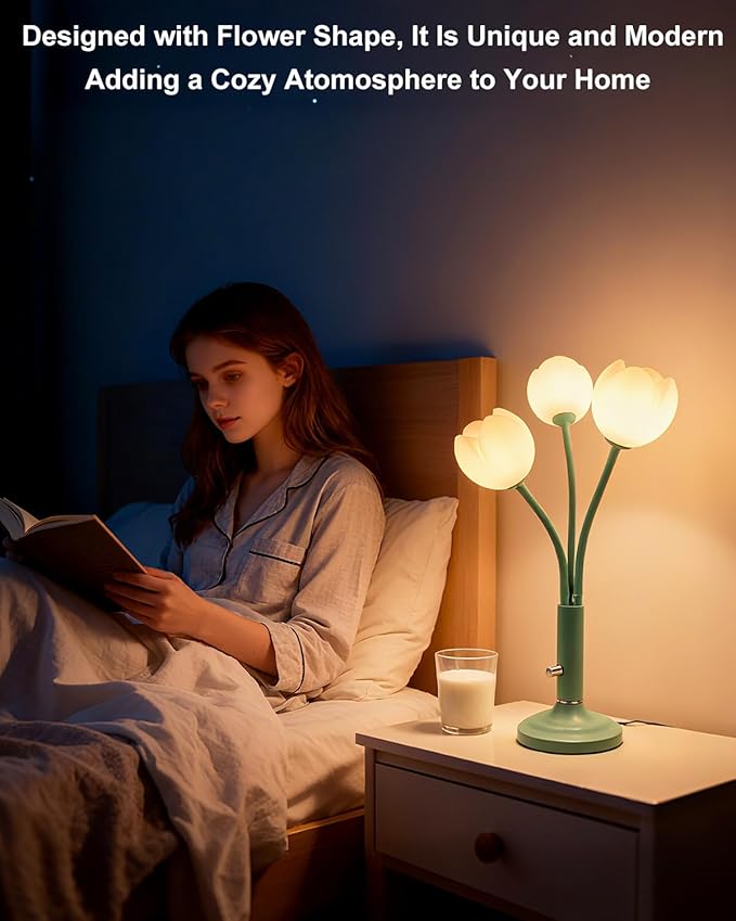 Lightdot 3-Light Tulip Table Lamp Set of 2 with LED Bulbs Included, Dimmable Cute Flower Desk Lamp, Aesthetic Green Floral Nightstand Lamp, Adjustable Gooseneck Bedside Lamp for Bedroom, Living Room