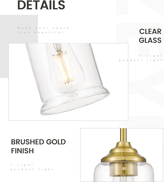 zeyu Gold Pendant Light Fixtures 2 Pack, Vintage 1-Light Hanging Lamp, Kitchen Pendant Lighting Over Island with Clear Glass Shade, Brushed Gold Finish, ZSL104MIL-2 BG