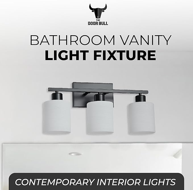 The Door Bull Modern Bathroom Vanity Light, Milky White Glass Shades, Wall Sconce for Bedroom & Living Room, E26 Socket, Over Mirror Lighting Fixture (Matte Black, 3 Lights)