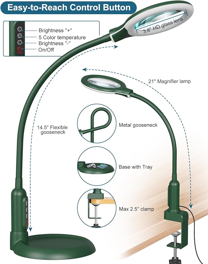 10X Magnifying Glass with Light and Stand, LED 5 Color Modes, Brightness Stepless Dimming Lighted Magnifier Hands Free, Flexible Gooseneck Desk Lamp with Clamp for Close Works, Crafts, Hobby - Green