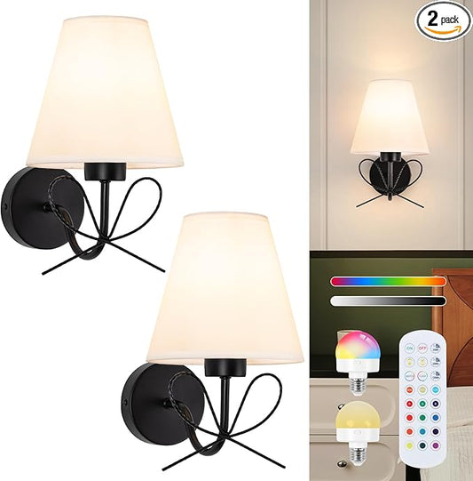 ADISUN Modern Wall Sconce Set of Two, Battery Operated Wall Sconce Remote Control Dimmable Wall Lamp Wireless Sconces for Living Room Bathroom Dining Room Corridor Staircase (2 Bulbs Included)