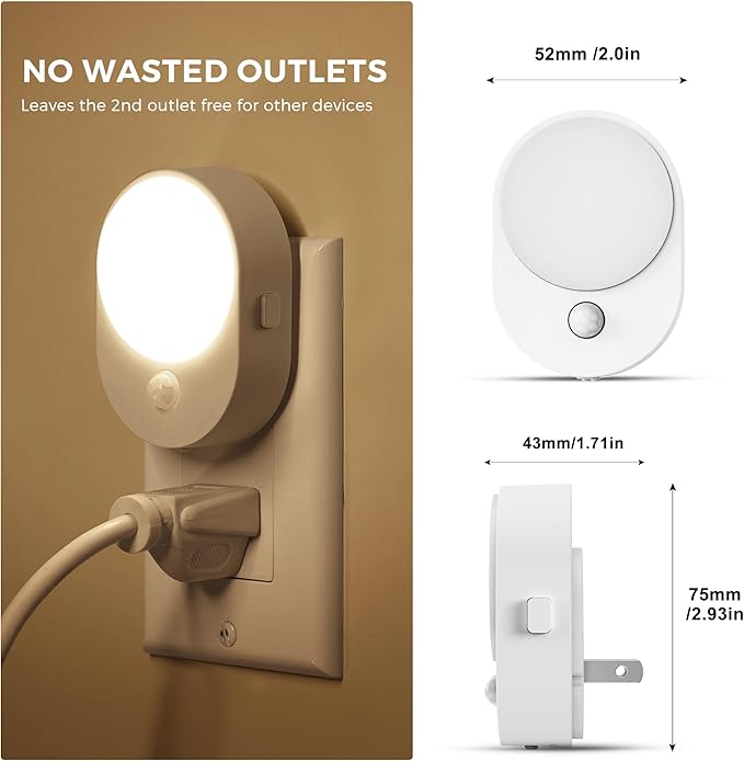 L LOHAS LED Motion Sensor Night Light,[2-PACK] Night Lights Plug into Wall,Motion Sensor and Dusk to Dawn Sensor,3000K Soft White,30/60/100lm Brightness Dimmable,Nightlight for Bathroom Hallway