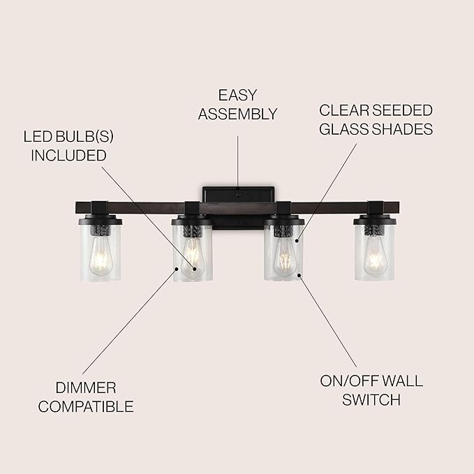 JONATHAN Y 32" Oil Rubbed Bronze LED Vanity Light, Rustic Farmhouse Sconce, Clear Seeded Glass Shade, Industrial Wall Lamp for Bathroom Mirror, Kitchen Sink, LED Bulb (JYL7510A)