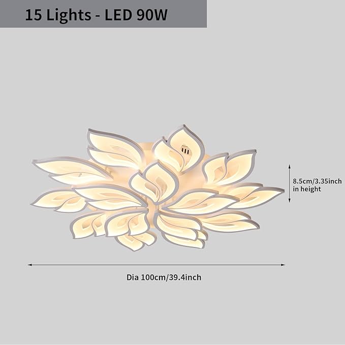 JAYMP 39.4" Flower Shaped Ceiling Light Dimmable Modern Ceiling Lamp Remote Control LED Lighting Fixture for Living Room Kitchen Dining Room (White/15 Petals)