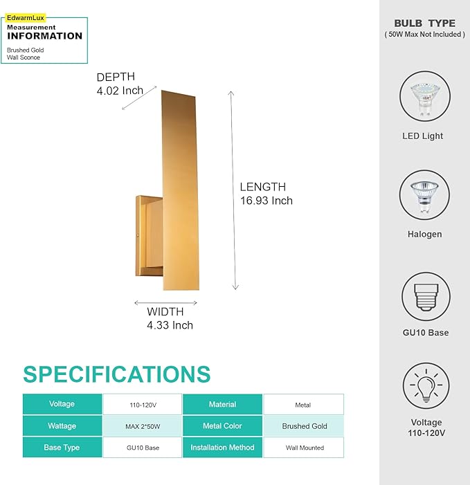 Edwarmlux Indoor Wall Sconces, Modern Wall Lights, Up and Down Wall Mount Light, Dimmable Hardwired Wall Light for Bedroom, Living Room, Hallway, GU10 Bulbs Excluded, 2 Pack (Brushed Gold)