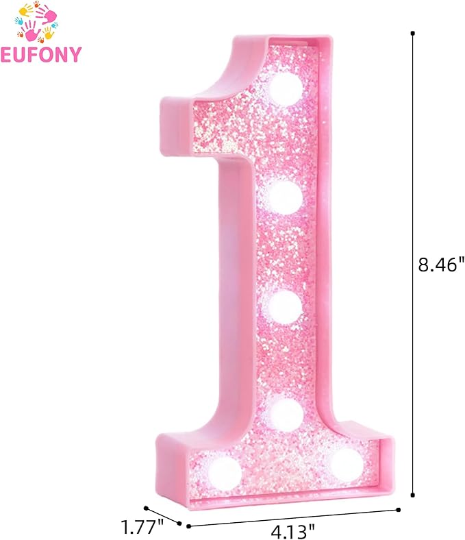 Pink Light Up Marquee Numbers, Glitter LED Number Lights Signs Battery Operated for Girls 1st 10th 12th 16th Pink Birthday Party Table Decorations, 8 Inch Tall Number 1 with Cool White Lights