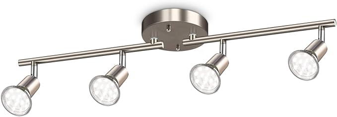 Ascher 4-Light LED Track Lighting Kit, Flexibly Rotatable Light Heads, 4 Way Ceiling Spotlight Matt Nickel Finish, Including 4 GU10 LED Bulbs (4W 400LM Daylight White 5000K)