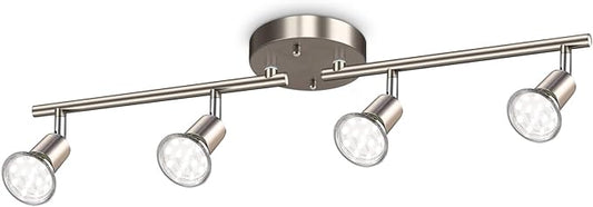 Ascher 4-Light LED Track Lighting Kit, Flexibly Rotatable Light Heads, 4 Way Ceiling Spotlight Matt Nickel Finish, Including 4 GU10 LED Bulbs (4W 400LM Daylight White 5000K)