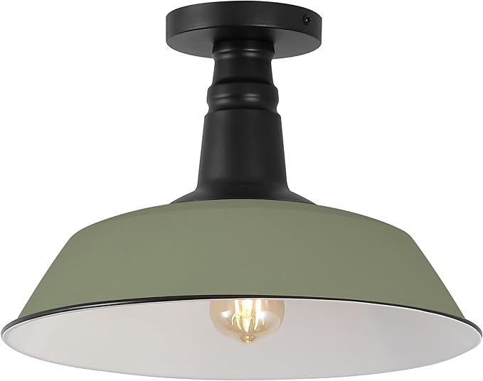 JONATHAN Y 14" Matte Olive Green/Black Industrial LED Semi Flush Mount Ceiling Light for Porch, Kitchen, Entryway, Modern Farmhouse Iron Fixture, White Metal Shade, LED Bulb Included (JYL7617I)