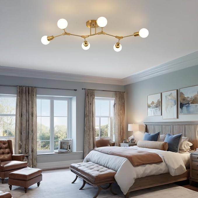 Modern Mid Century 6 Light Semi Flush Mount Ceiling Lighting Fixture for Living Room Bedroom Dining Room Hallway Kitchen Office,Long Large Gold Sputnik Chandelier
