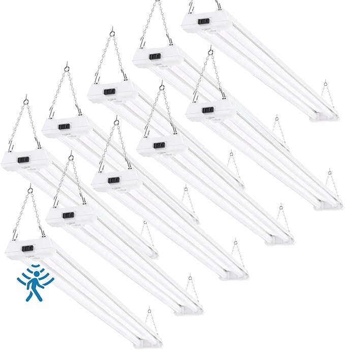 Sunco Motion Sensor 4ft LED Shop Light, Garage Lights Ceiling LED Plug-in Fixtures, 40W, 5000K Daylight, 4300 Lumens, Frosted, Motion Activated, Linkable Suspension Mount, ETL 10 Pack