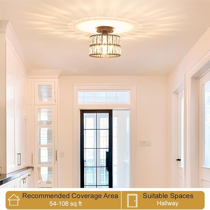 Crystal Ceiling Light Fixture, Modern Matte Black Crystal Chandelier, Small Semi Flush Mount Ceiling Lighting, Round Hallway Lighting for Kitchen Entryway Bedroom Bathroom, 1-Light, 9 Inch