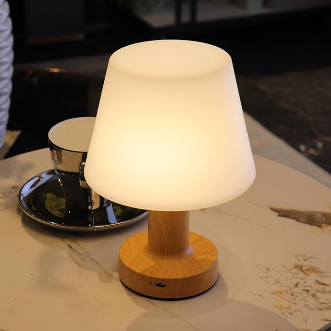HAPYGI Small Mushroom Table Lamp, Cordless Night Light with 2600mAh Rechargeable Battery, Stepless Dimming Desk Lamp with 3 Colors for Bedroom/Patio/Living Room (Wooden-2)