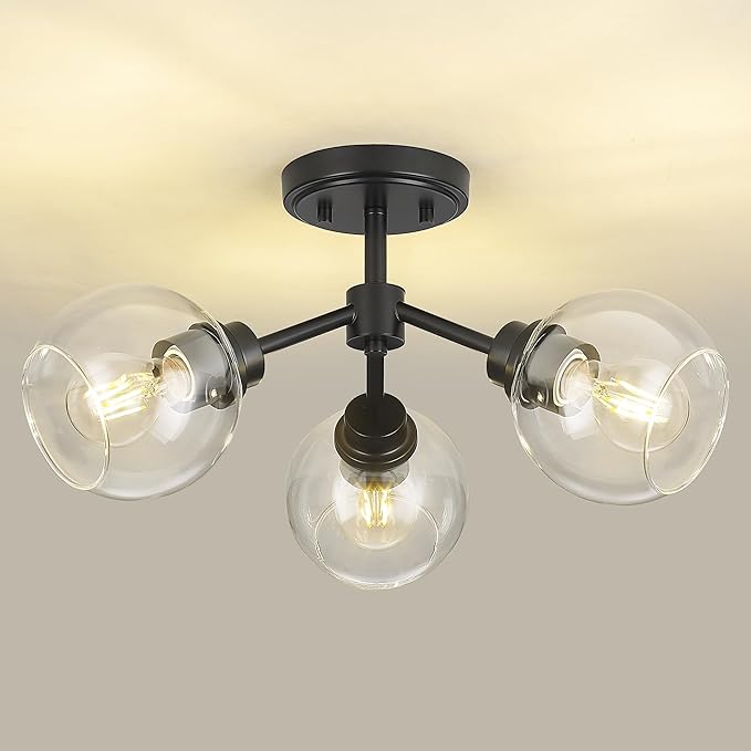 3-Light Semi Flush Mount Ceiling Light, Modern Light Fixtures Ceiling Mount with Globe Clear Glass Shade, Matte Black Light Fixtures for Kitchen Entryway Hallway Bedroom, SM195-MB-3