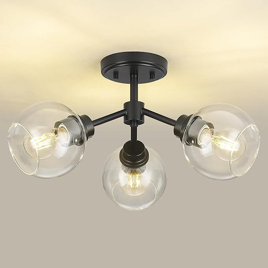 3-Light Semi Flush Mount Ceiling Light, Modern Light Fixtures Ceiling Mount with Globe Clear Glass Shade, Matte Black Light Fixtures for Kitchen Entryway Hallway Bedroom, SM195-MB-3
