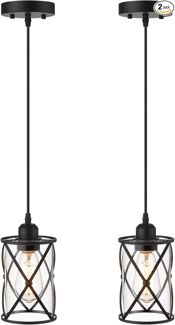 Glass Pendant Lights Kitchen Island 2 Pack, Black Mini Pendant Light with Clear Glass, Farmhouse Industrial Cage Hanging Lighting for Kitchen Sink Dining Room Bathroom, CH9176-1-2PK