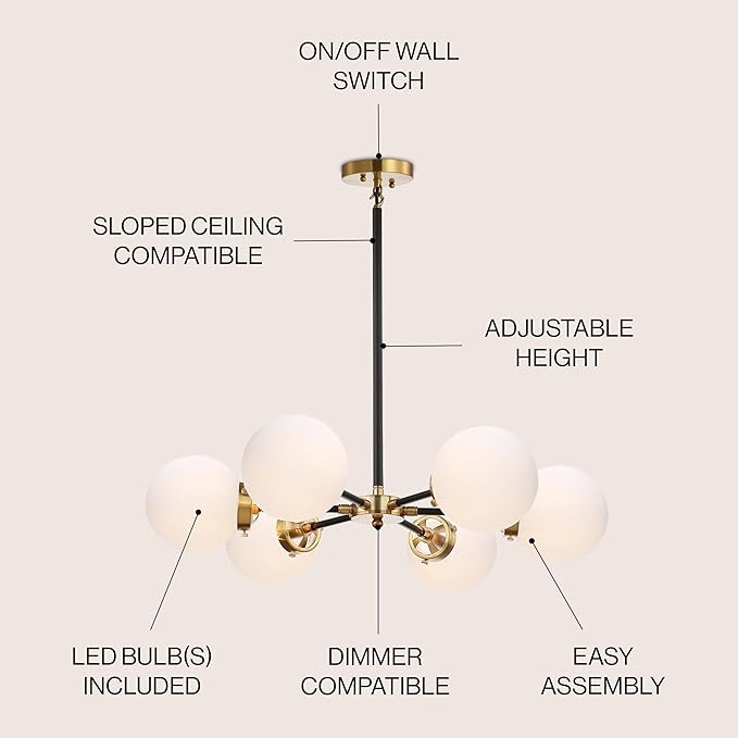 JONATHAN Y 28" Brass Gold/Black Modern 6-Light Cluster Pendant Chandelier, Clear Glass Shade Hanging Fixture for Kitchen Island Dining Room, LED Bulbs Included, Dimmable (JYL9059B)