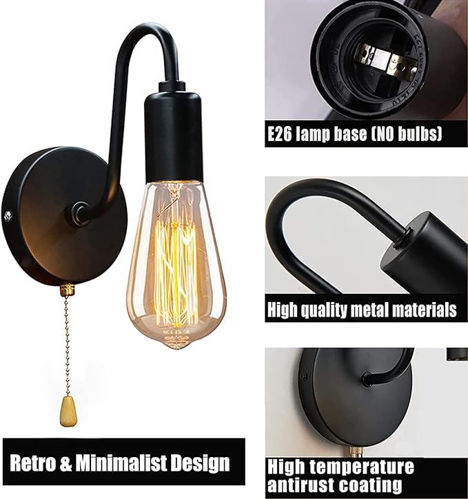 Vintage Pull Chain Wall Sconce Light with Switch Black Wall Lights Fixture Retro E26 Industrial Farmhouse Wall Lamp Hard Wired Sconces Lighting for Mirror Bedroom Bathroom Hallway (1-Light)
