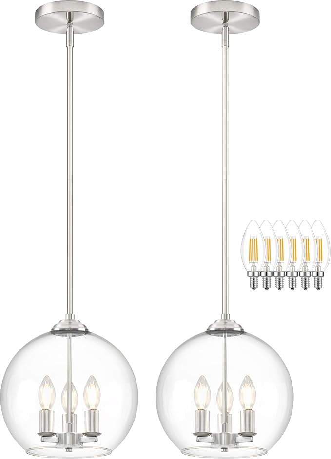 12" Globe Pendant Lights Kitchen Island 2 Pack Glass Globe Pendant Light Fixture Bedroom Mid Century Modern Pendant Lighting Nickel Pendant Light for Kitchen Island (Bulb Incl.)