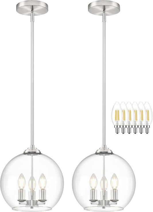 12" Globe Pendant Lights Kitchen Island 2 Pack Glass Globe Pendant Light Fixture Bedroom Mid Century Modern Pendant Lighting Nickel Pendant Light for Kitchen Island (Bulb Incl.)