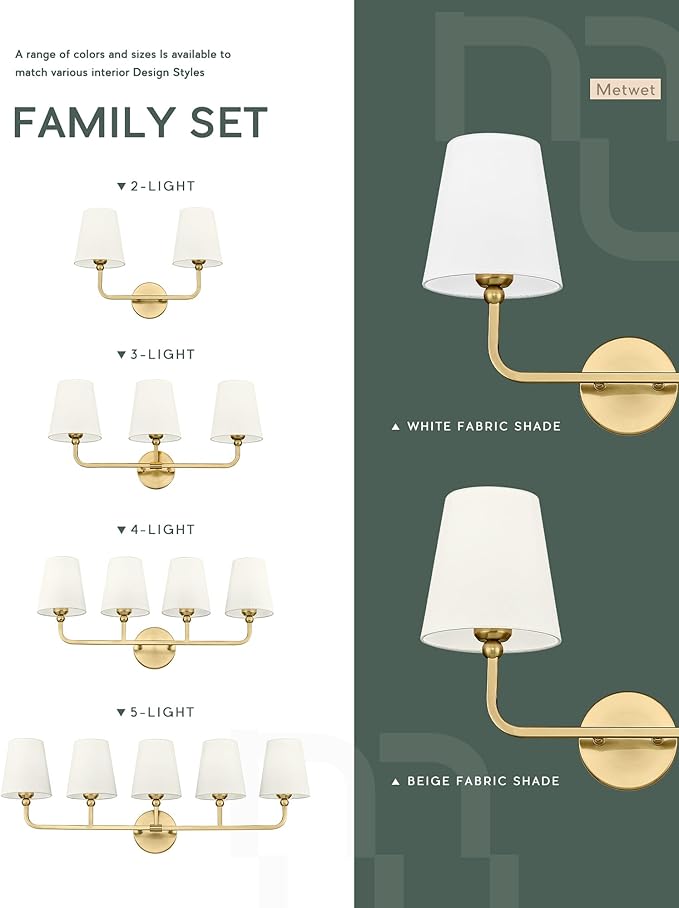 2 Light Bathroom Light Fixtures, Brushed Gold Vanity Lights, Double Wall Sconce with Beige Fabric Shade, Modern Sconces Wall Lighting for Hallway Bedroom Stairway, VL837-BG-B-2