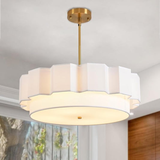 Boho Chandelier,22.05" Fabric Rattan Chandelier 4 Lights Coastal Pendant Light Adjustable Drum Large Pendant Lighting Fixtures for Dining Room