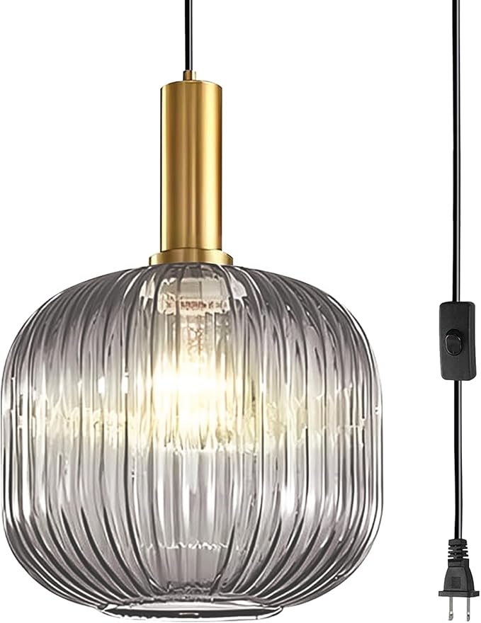 Plug in Pendant Light with Cord, 9.8" Ribbed Glass Hanging Light Fixture, Industrial Smoke Gray Hanging Swag Lamp for Bedroom, Kitchen Island, Dining Room, Living Room, E26 Base