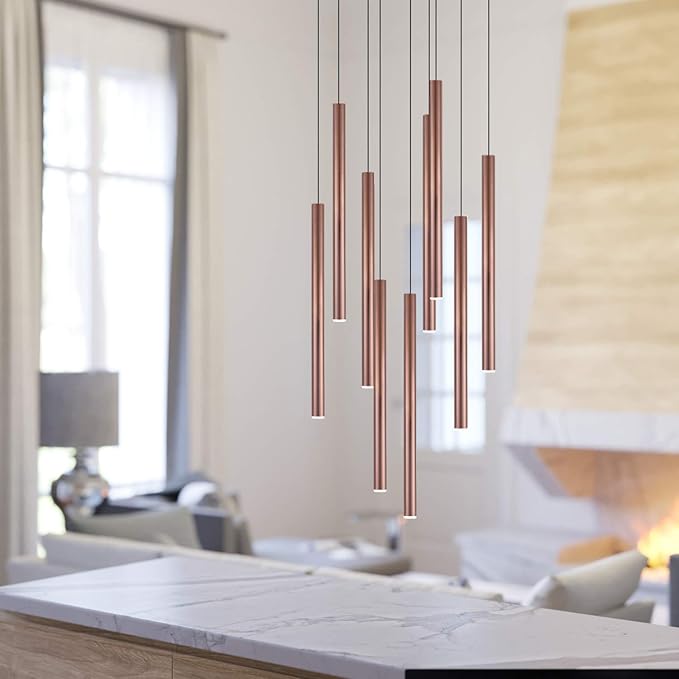 CANALIS 9 Mini Pendant Lighting Copper - LED Hanging Light Fixture for Kitchen Island, Bar, Foyer - Cluster Pendants - Dimmable, Adjustable Wire, Lamp Bulb Included