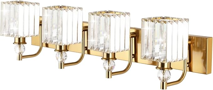 Ralbay Crystal Vanity Lights 4-Lights 31.5''Gold Bathroom Lighting Fixtures Over Mirror Modern Crystal Gold Bathroom Vanity Lights