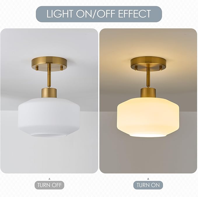 Upgraded Modern Brass Semi Flush Mount Ceiling Light Fixture, Adjustable Hanging Gold Farmhouse Ceiling Light, 8.66" Milk White Glass Shade, Sloped Ceiling Adaptable, for Hallway, Entryway, Kitchen