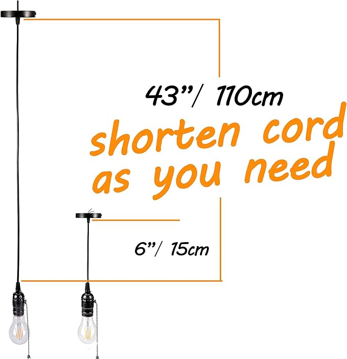 ACBungji Industiral Pendant Light Fixture with Pull Chain,DIY Vintage Hanging Lighting Kit with E26 Edison Bulb Socket 3.6FT Electrical Cord Wire for Indoor Kitchen,Black