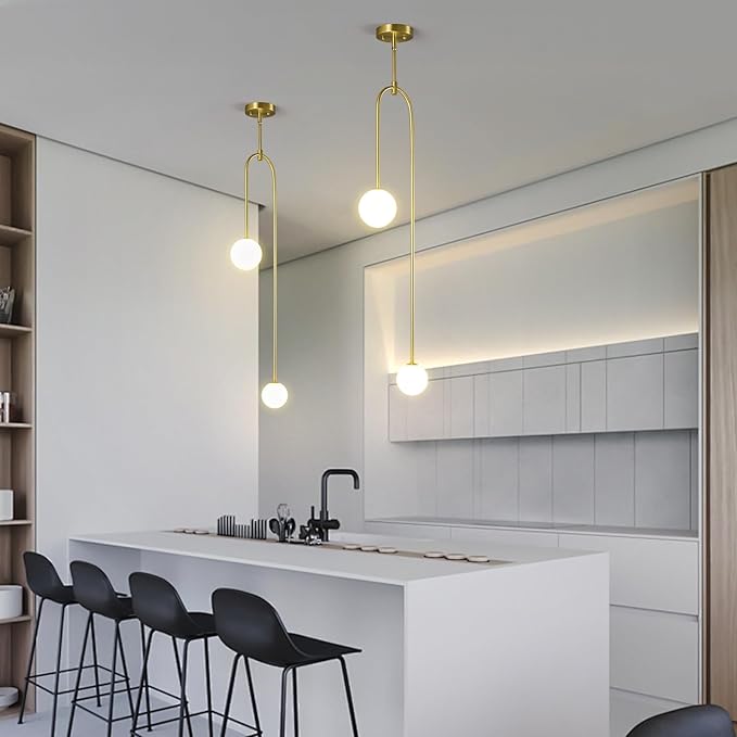 Modern Milk Glass Pendant Light 2 Light Mid Century Chandelier Small Glass Globe Gold Pendant Lights for Kitchen Island Bedroom Dining (1 Pack)