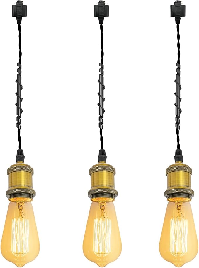 Kiven H-Type Track Lighting Pendants,Vintage Track Lighting Heads Adjustable Height, 3 Light Decorative h Track Pendant Lights, Bulb Not Included,Gold Finish
