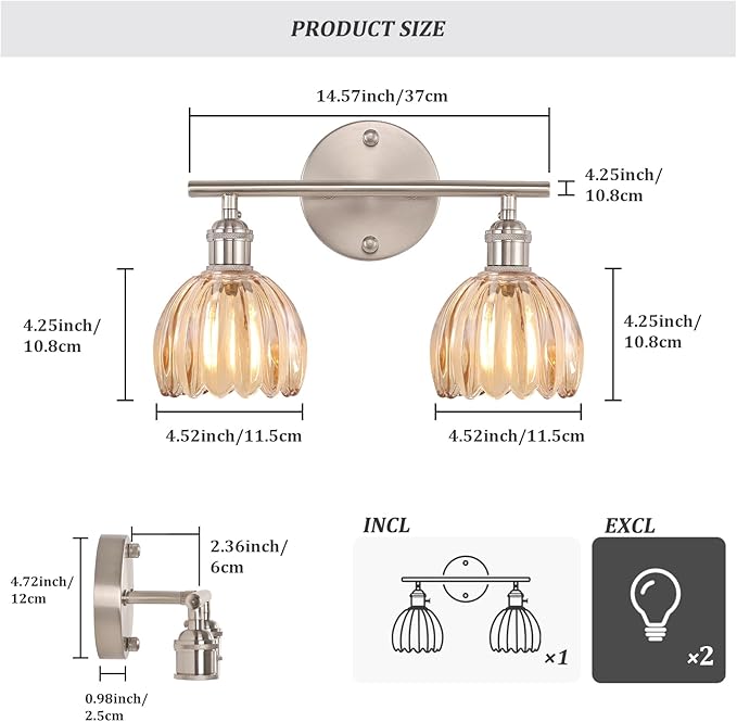 Shenmoyl Bathroom Light Fixtures, 2-Light Vanity wall Light Over Mirror with Amber Tulip Glass Shade for Bedroom Living Room (Bulb Not Included), Satin Nickel