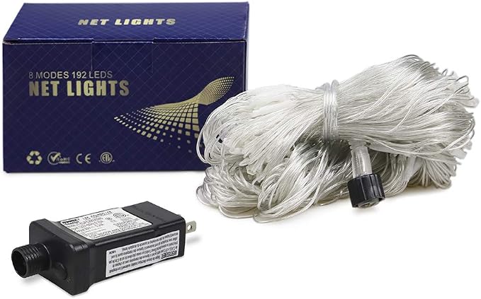woohaha Outdoor Christmas Net Lights, 9.8FTx6.6FT 192 LED Plug-in Mesh Lights with 8 Lighting Modes, Connectable Light for Bush Christmas Garden Tree Holiday Wedding Party Decor, White+Blue