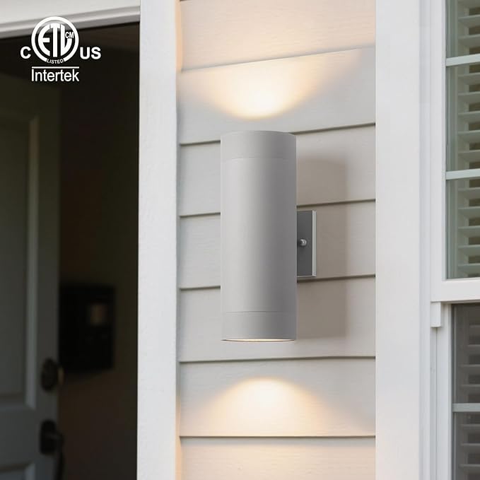 mirrea Modern Outdoor Porch Light Patio Light in 2 Lights with Aluminum Cylinder and Tempered Glass Cover Waterproof Wall Sconce 2 Pack (Metallic Gray)