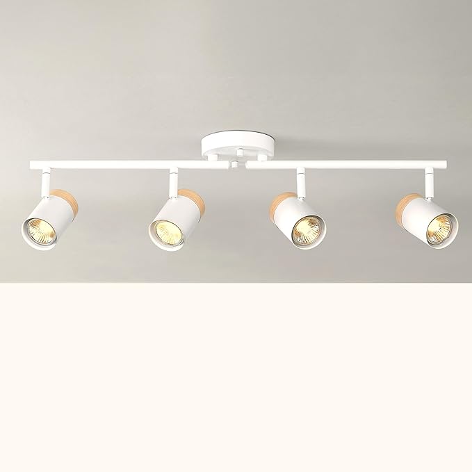 GLOBE Electric 64000165 28" 4-Light Foldable Track Lighting, Matte White, Hand Painted Wood-Tone Accent Detail, Pivoting Track Heads, Ceiling Light, Home Improvement