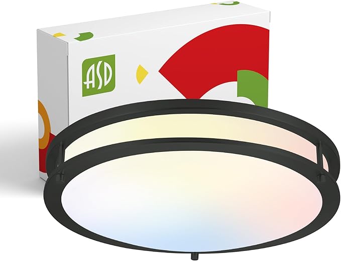 ASD LED 16" Round Flush Mount Lighting, Close to Ceiling Light Fixture | 3CCT, Dimmable, Energy Star, ETL Listed | 24W 1854LM 3000-5000K 120V | Low Profile Double Ring Lamp | Black