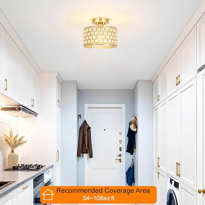 Gold Crystal Ceiling Light Fixture - Modern Semi Flush Mount Ceiling Chandelier Lighting for Hallway, Kitchen & Foyer | Dazzling Prism Chandelier with Easy Installation,1 Light, 8.8 in