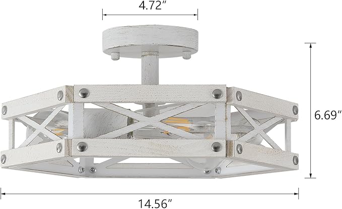 2 Pack 3-Light Modern Farmhouse Wood Flush Mount Ceiling Light Fixture Rustic Distressed Wood and Metal Cage Semi Flush Mount Ceiling Light for Hallway Entry Bedroom Farmhouse, Antique White