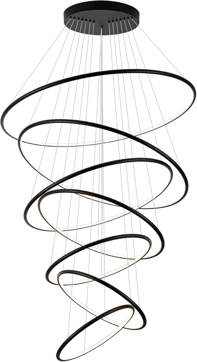 MADEM Modern LED Chandeliers 7 Rings Black Chandelier Contemporary Ceiling Pendant Light Fixture for Staircase Foyer High Ceiling Living Room, 3000K Warm White, 200W