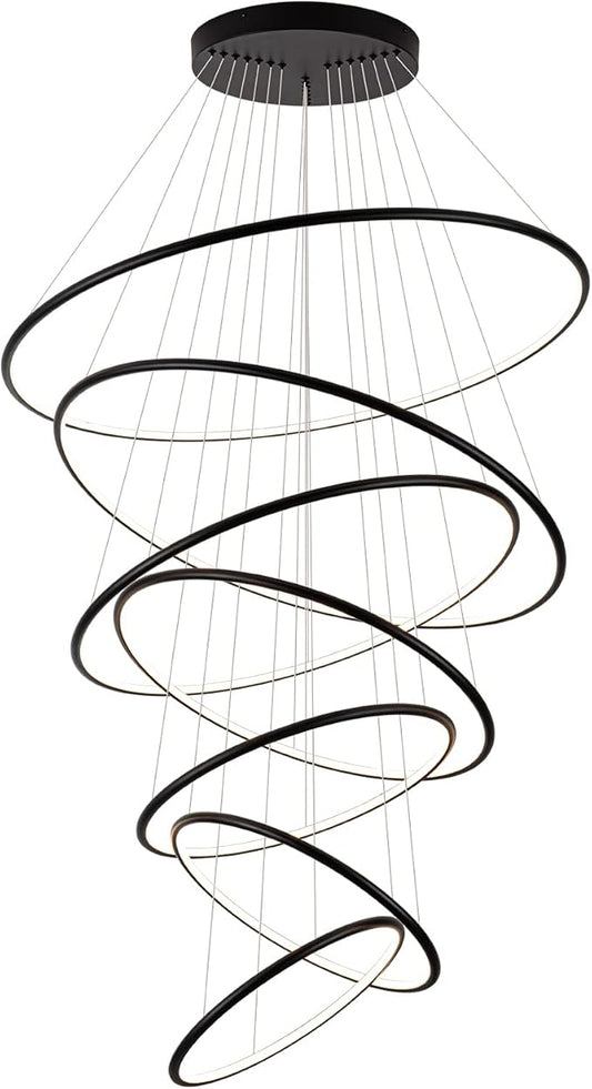 MADEM Modern LED Chandeliers 7 Rings Black Chandelier Contemporary Ceiling Pendant Light Fixture for Staircase Foyer High Ceiling Living Room, 3000K Warm White, 200W