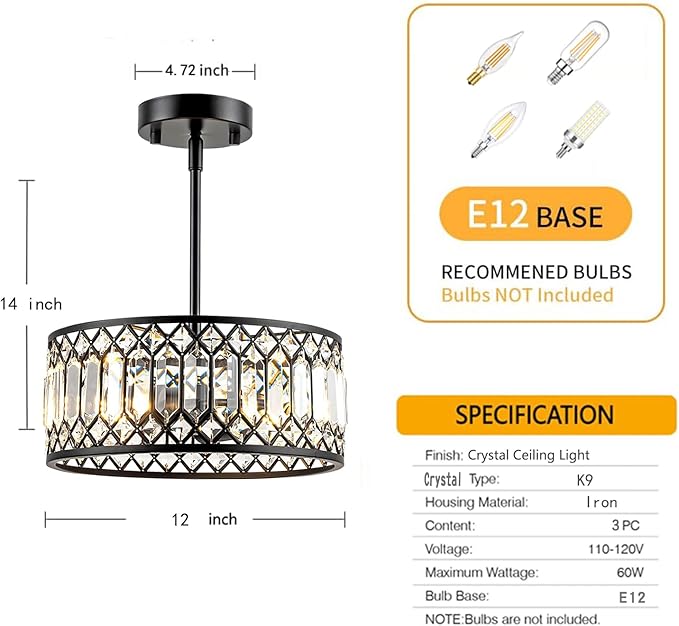 Crystal Ceiling Lights 12 Inch Modern Semi Flush Mount Ceiling Light Fixture,Farmhouse Rustic Black Chandelier for Bathroom Corridor Entrance Kitchen Dining Room Living Room Foyer(3 Light)