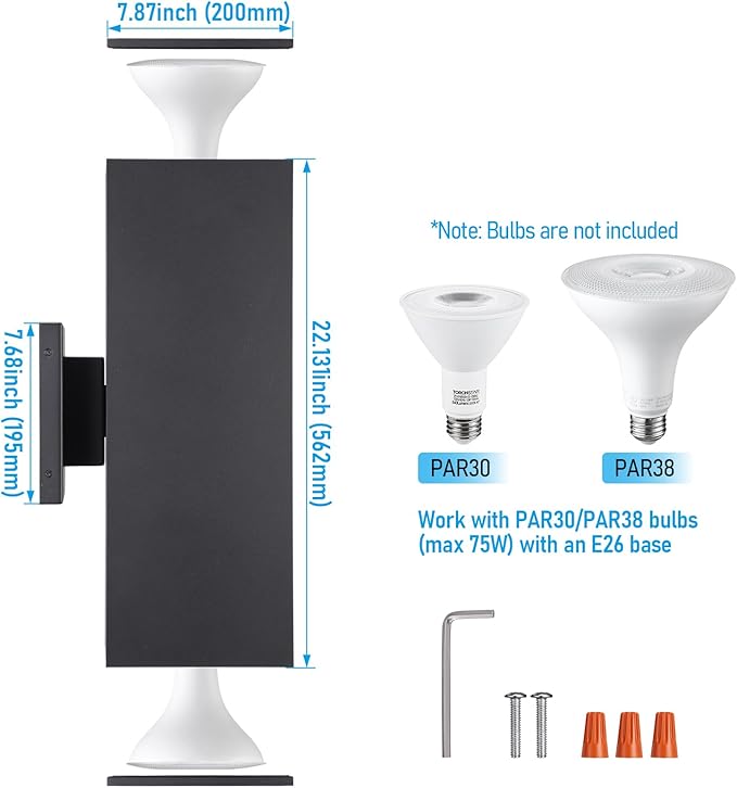 LEONLITE Modern Outdoor Rectangular Wall Lights 22", Up and Down Porch Patio Lights, Matte Black Waterproof Wall Sconce, Aluminum, E26 Base, Exterior Light Fixture Wall Mount, ETL, Pack of 2