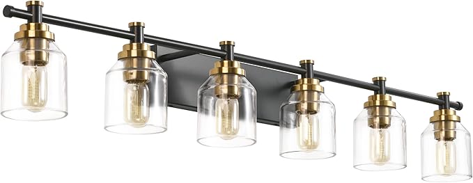 SOLFART 6-Lights Black Brass Bathroom Vanity Light Fixture Vintage Bathroom Fixture Over Mirror Thick Clear Glass