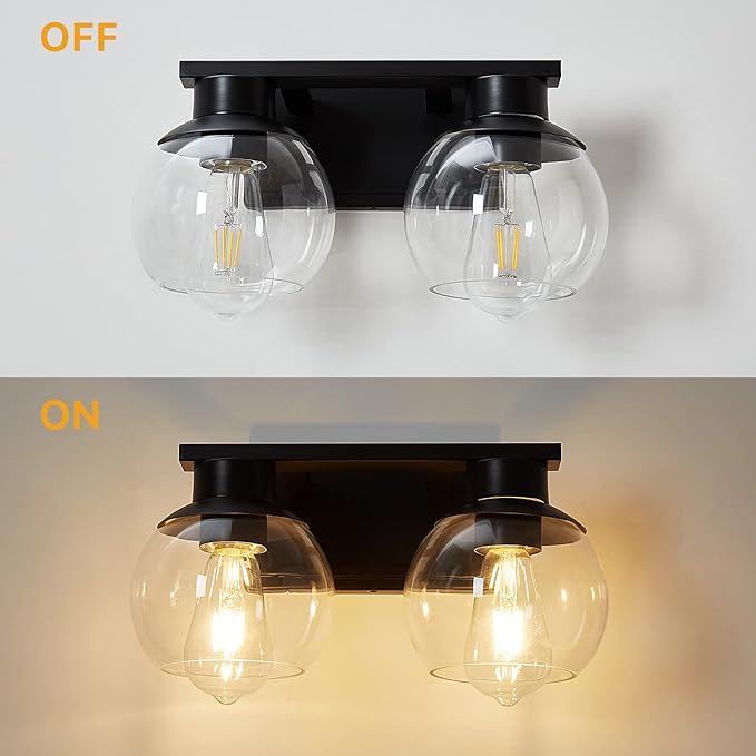 PAZALA 2-Lights Black Bathroom Vanity Lights, Modern Bathroom Lighting Fixtures with Globe Glass Shade, 14in Matte Black Wall Lamp for Bath Over Mirror Kitchen Living Room Hallway Cabinet Porch