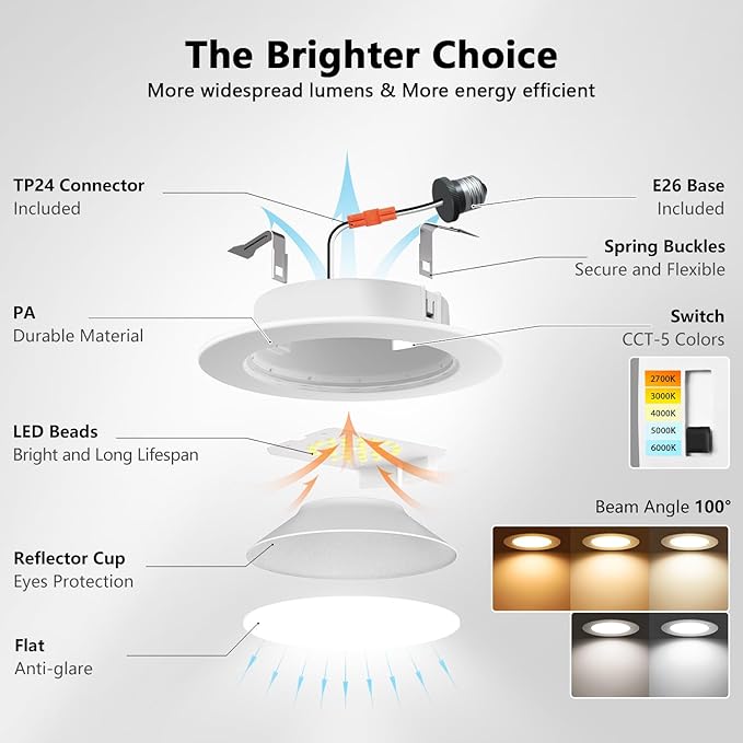 LVWIT 4 Inch LED Recessed Light, Recessed Can Lights Color Selectable 2700/3000/4000/5000/6000K 5CCT, 7W 700LM, Dimmable LED Can Lights with E26 Conversion Kit,Suitable for 4inch Can,48 Pack