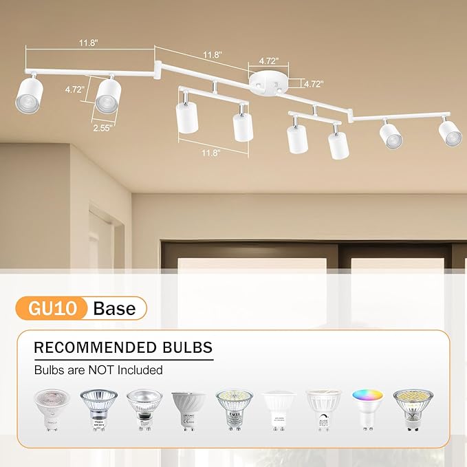 BoostArea LED 8 Light Track Lighting Kit, White 8 Way Ceiling Spot Lighting, Flexibly Rotatable Light Head for Kitchen, Living Room, Bedroom, GU10 Bulb Not Included